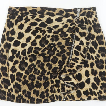 Zara Basic Women Beige Leopard Print Mini Skirt UK 8 Zip