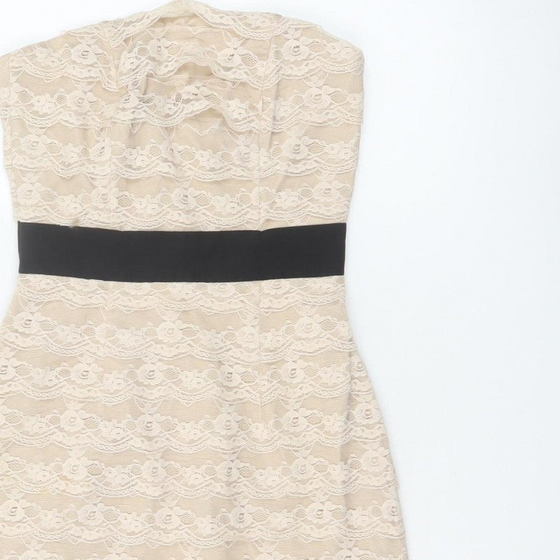 H&M Women Beige Lace Fit & Flare Strapless Dress UK 6 Wedding Party