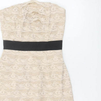 H&M Women Beige Lace Fit & Flare Strapless Dress UK 6 Wedding Party