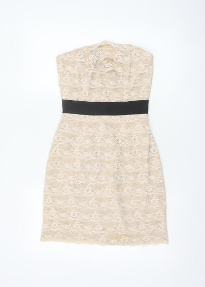 H&M Women Beige Lace Fit & Flare Strapless Dress UK 6 Wedding Party