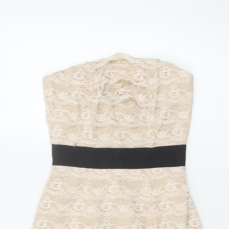 H&M Women Beige Lace Fit & Flare Strapless Dress UK 6 Wedding Party