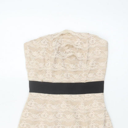H&M Women Beige Lace Fit & Flare Strapless Dress UK 6 Wedding Party