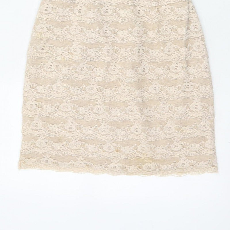 H&M Women Beige Lace Fit & Flare Strapless Dress UK 6 Wedding Party