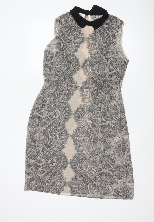 Hobbs Women’s Beige Black Lace Collar Knee Length Sheath Dress UK 12