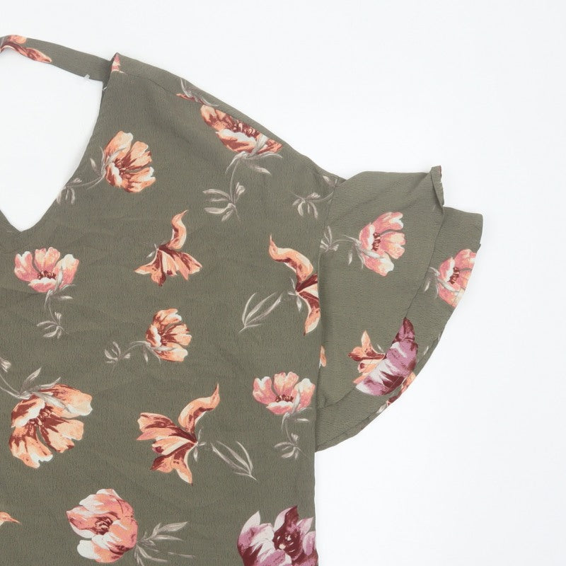 Blue Vanilla Women Green Floral V-Neck Flutter Sleeve Blouse M