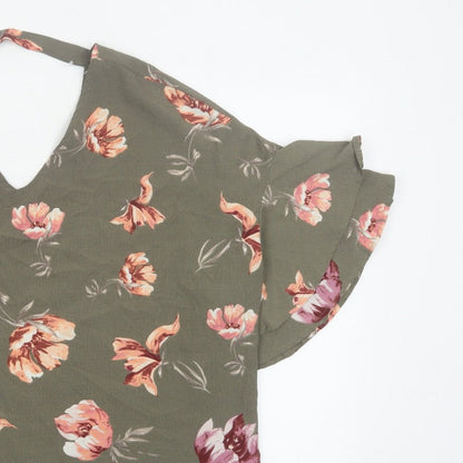 Blue Vanilla Women Green Floral V-Neck Flutter Sleeve Blouse M