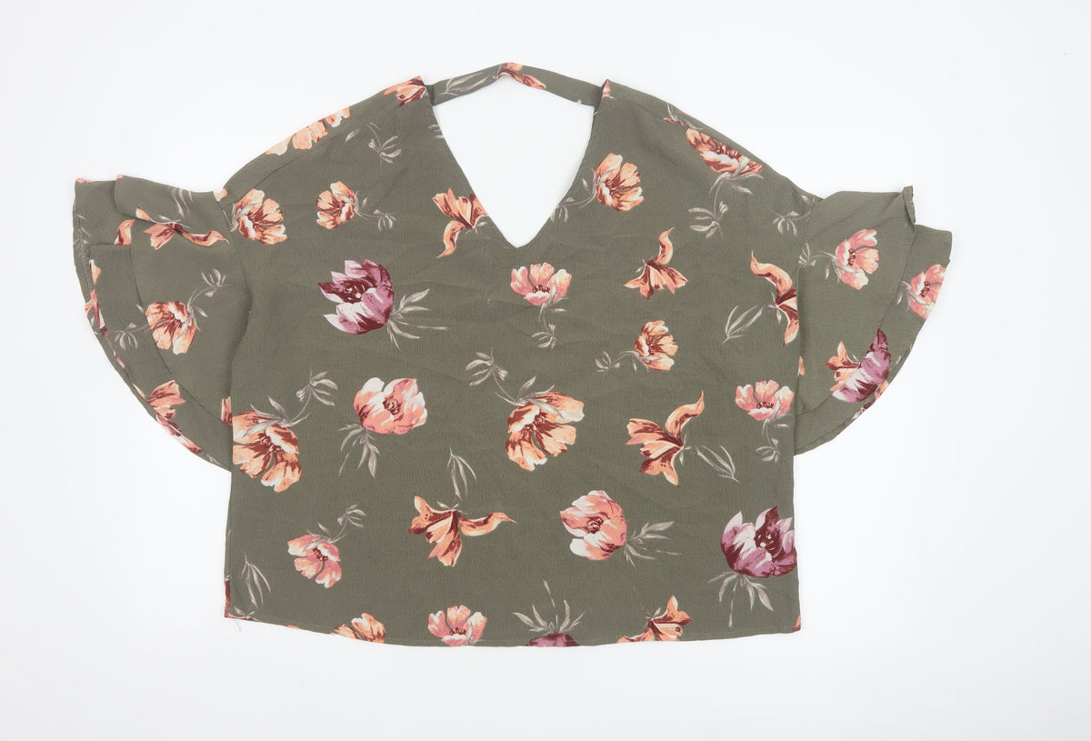 Blue Vanilla Women Green Floral V-Neck Flutter Sleeve Blouse M