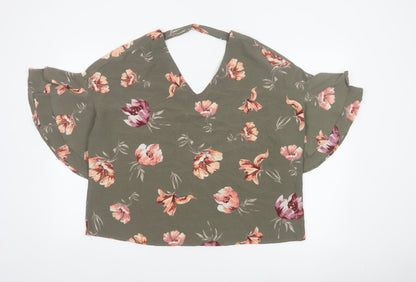 Blue Vanilla Women Green Floral V-Neck Flutter Sleeve Blouse M