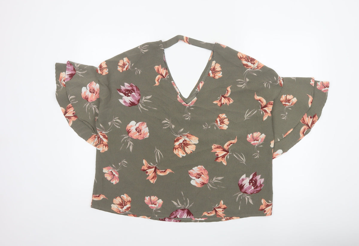 Blue Vanilla Women Green Floral V-Neck Flutter Sleeve Blouse M