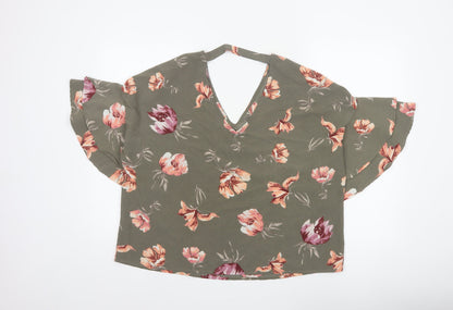 Blue Vanilla Women Green Floral V-Neck Flutter Sleeve Blouse M