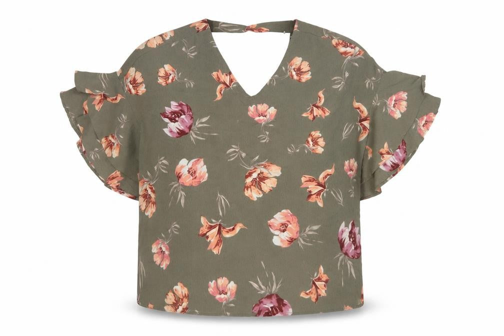 Blue Vanilla Women Green Floral V-Neck Flutter Sleeve Blouse M