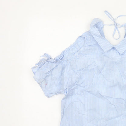 Zara Women Blue Stripe Off Shoulder Cold Shoulder Cotton Blouse Size S