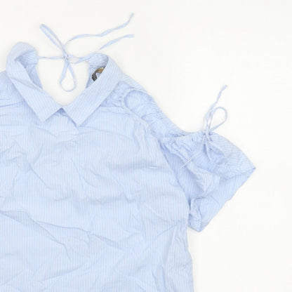 Zara Women Blue Stripe Off Shoulder Cold Shoulder Cotton Blouse Size S
