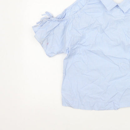 Zara Women Blue Stripe Off Shoulder Cold Shoulder Cotton Blouse Size S