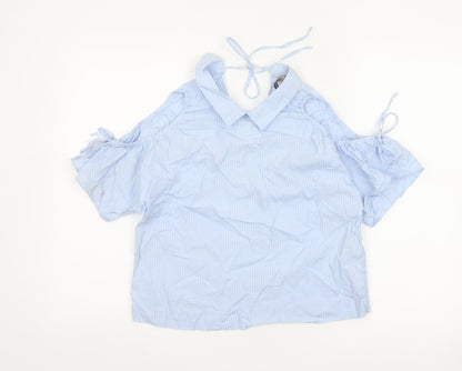 Zara Women Blue Stripe Off Shoulder Cold Shoulder Cotton Blouse Size S