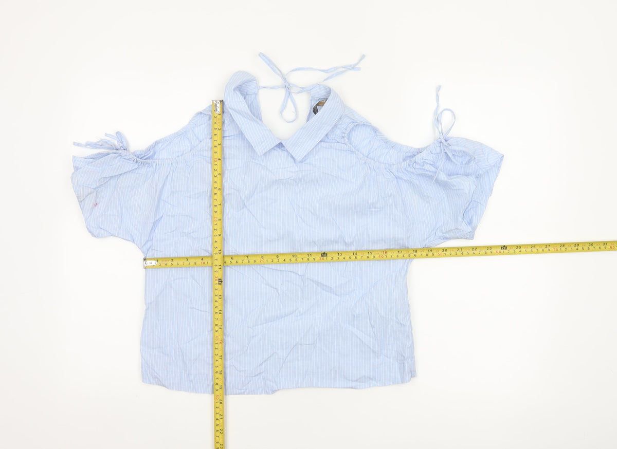 Zara Women Blue Stripe Off Shoulder Cold Shoulder Cotton Blouse Size S