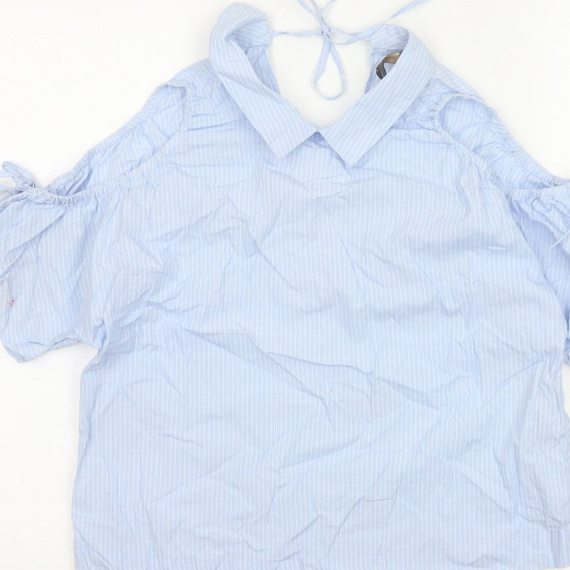 Zara Women Blue Stripe Off Shoulder Cold Shoulder Cotton Blouse Size S