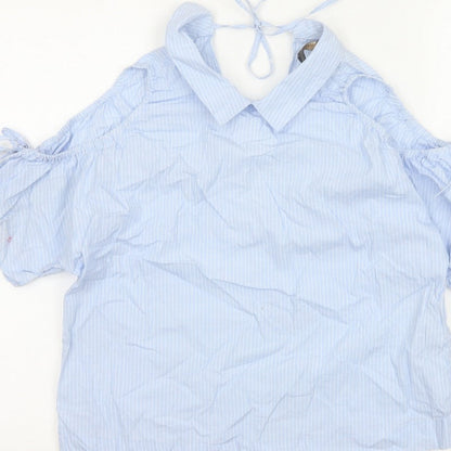 Zara Women Blue Stripe Off Shoulder Cold Shoulder Cotton Blouse Size S