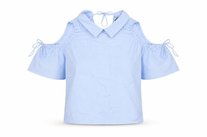 Zara Women Blue Stripe Off Shoulder Cold Shoulder Cotton Blouse Size S