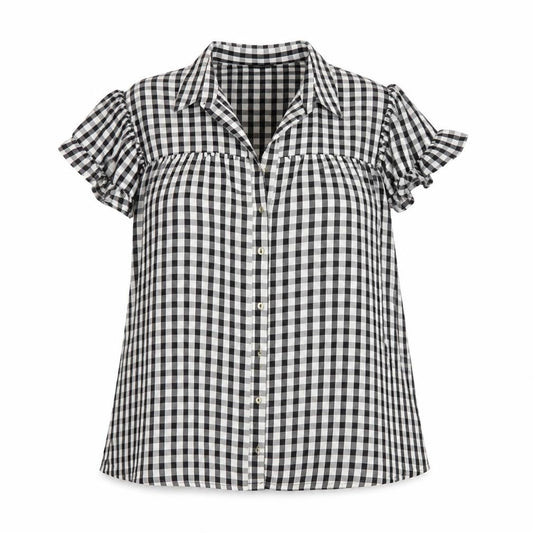 River Island Women Black White Check Puff Sleeve Blouse UK 16