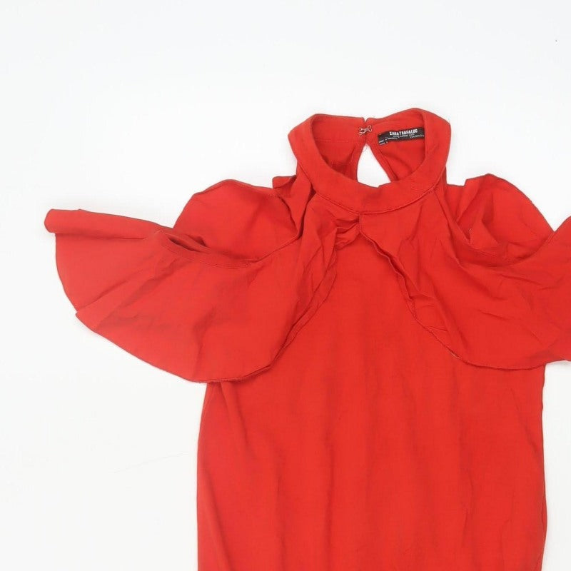 Zara Trafaluc Women Red S Ruffle Cold Shoulder High Neck Bodysuit
