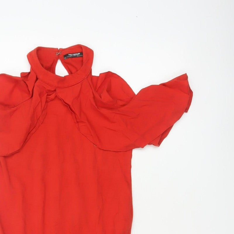 Zara Trafaluc Women Red S Ruffle Cold Shoulder High Neck Bodysuit