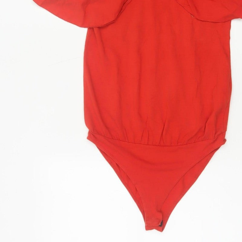 Zara Trafaluc Women Red S Ruffle Cold Shoulder High Neck Bodysuit