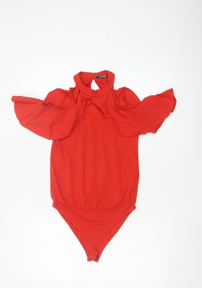 Zara Trafaluc Women Red S Ruffle Cold Shoulder High Neck Bodysuit