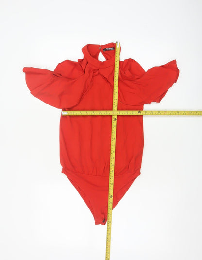 Zara Trafaluc Women Red S Ruffle Cold Shoulder High Neck Bodysuit