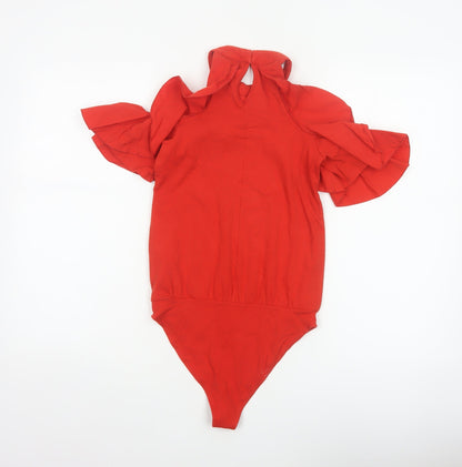 Zara Trafaluc Women Red S Ruffle Cold Shoulder High Neck Bodysuit
