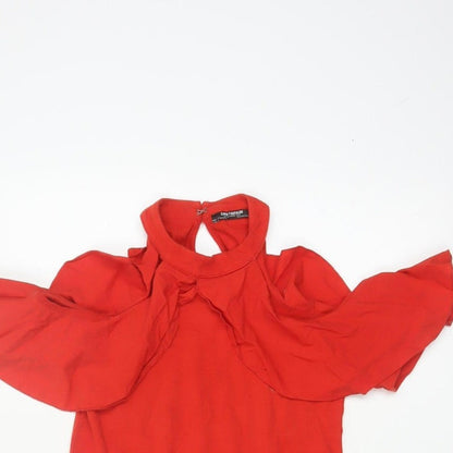 Zara Trafaluc Women Red S Ruffle Cold Shoulder High Neck Bodysuit
