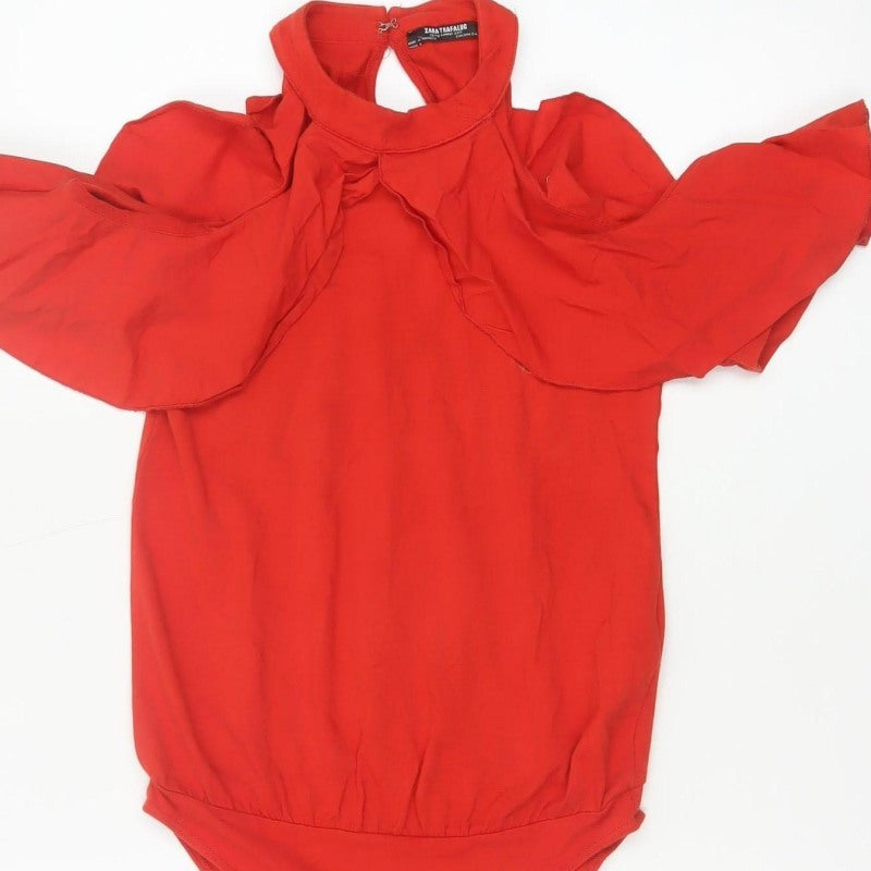 Zara Trafaluc Women Red S Ruffle Cold Shoulder High Neck Bodysuit