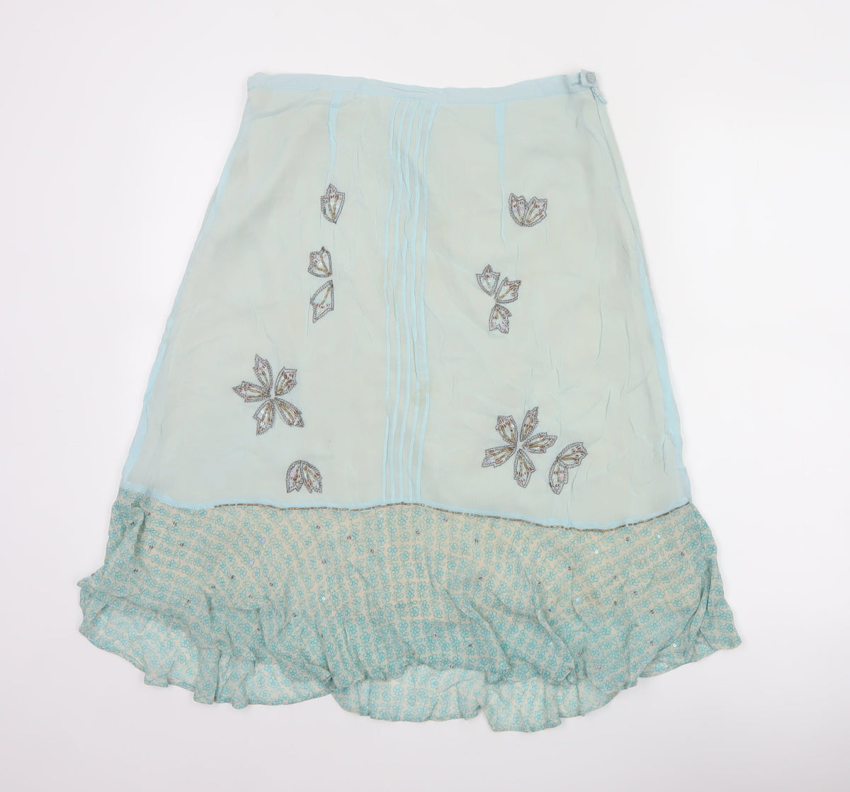 Fransa Women Blue UK 10 A-Line Floral Beaded Ruffle Knee Skirt