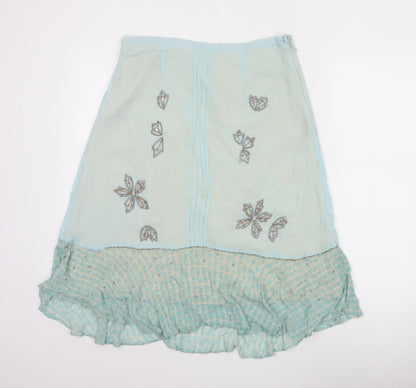 Fransa Women Blue UK 10 A-Line Floral Beaded Ruffle Knee Skirt