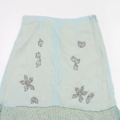 Fransa Women Blue UK 10 A-Line Floral Beaded Ruffle Knee Skirt