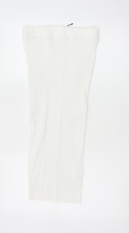 Zara Women White L Ribbed Knit Long Pencil Skirt Stretch