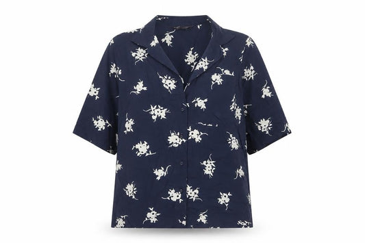 Marks & Spencer Women Blue UK 6 Floral Short Sleeve Button-Up Blouse
