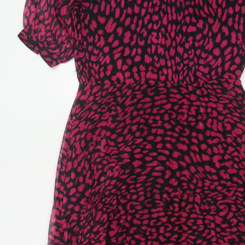 Warehouse Women Pink Leopard Print Midi Fit & Flare Dress UK 12