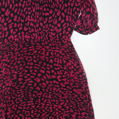 Warehouse Women Pink Leopard Print Midi Fit & Flare Dress UK 12