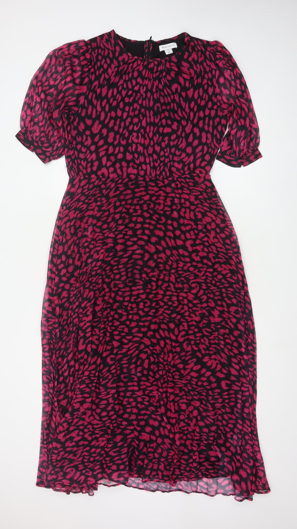 Warehouse Women Pink Leopard Print Midi Fit & Flare Dress UK 12