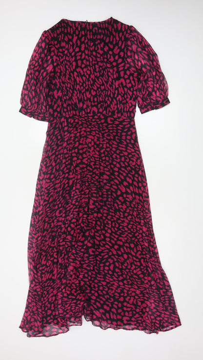 Warehouse Women Pink Leopard Print Midi Fit & Flare Dress UK 12