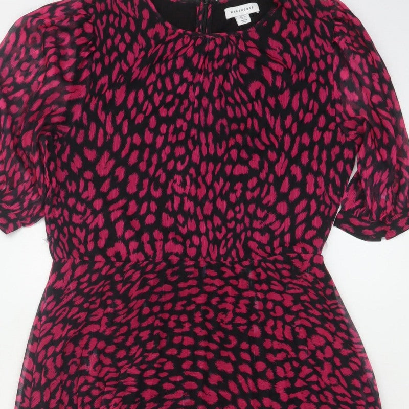 Warehouse Women Pink Leopard Print Midi Fit & Flare Dress UK 12