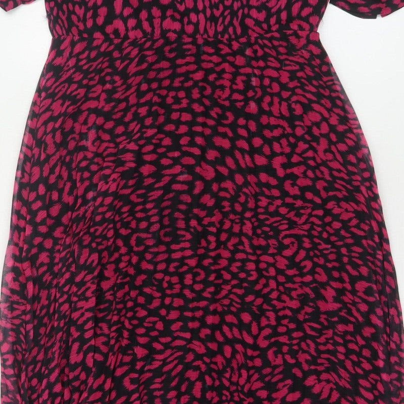 Warehouse Women Pink Leopard Print Midi Fit & Flare Dress UK 12