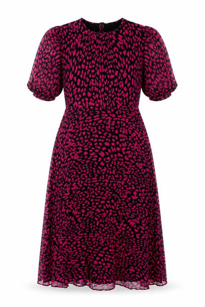 Warehouse Women Pink Leopard Print Midi Fit & Flare Dress UK 12