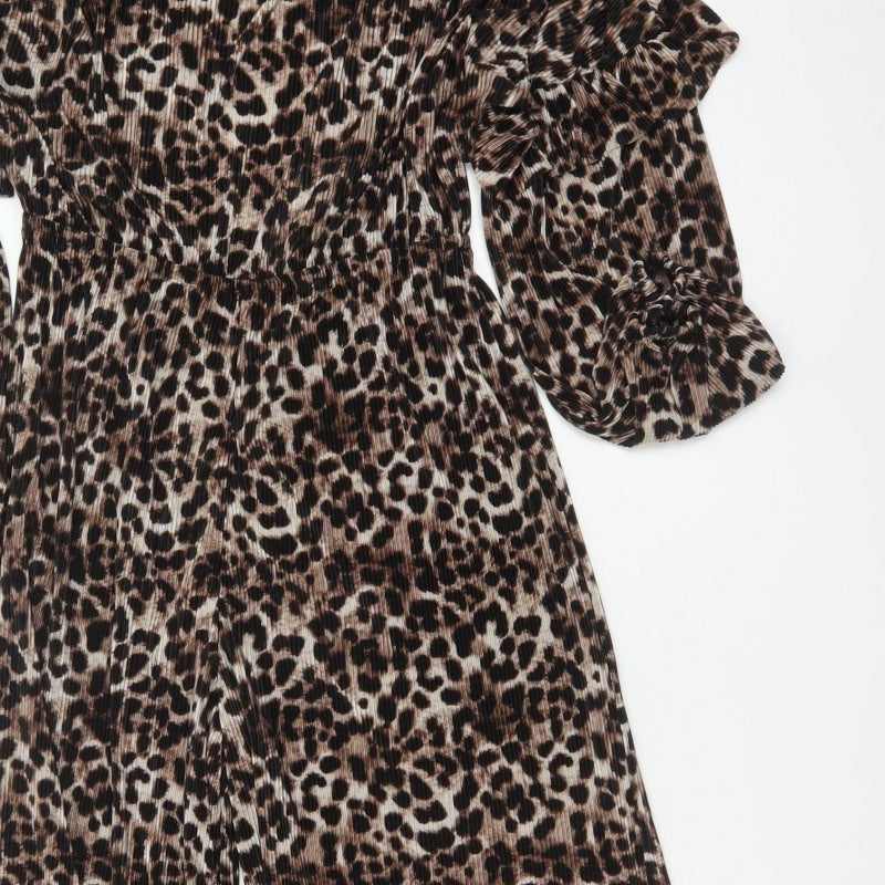 ASOS DESIGN Women Brown Leopard Print Pleated Wide Leg Jumpsuit UK 12