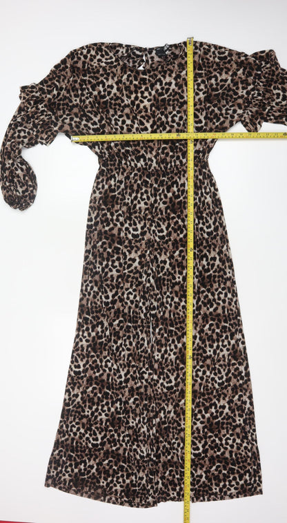 ASOS DESIGN Women Brown Leopard Print Pleated Wide Leg Jumpsuit UK 12