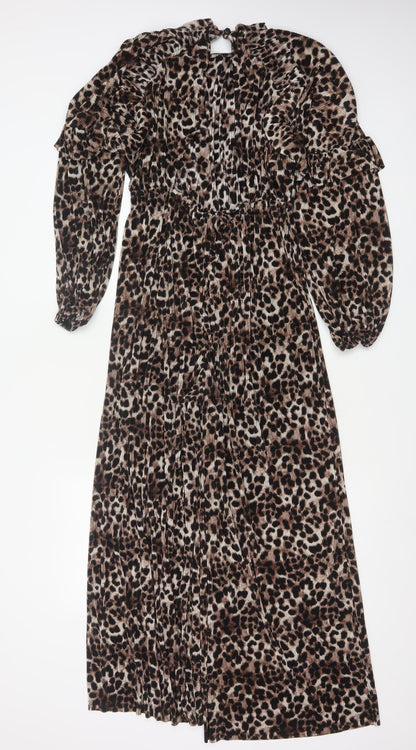 ASOS DESIGN Women Brown Leopard Print Pleated Wide Leg Jumpsuit UK 12