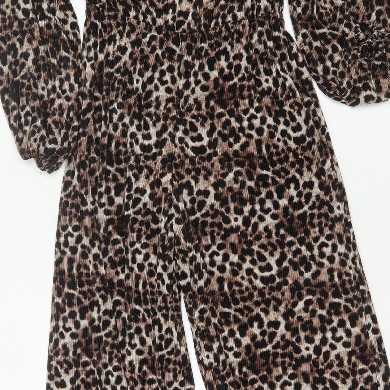 ASOS DESIGN Women Brown Leopard Print Pleated Wide Leg Jumpsuit UK 12