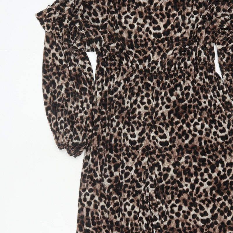 ASOS DESIGN Women Brown Leopard Print Pleated Wide Leg Jumpsuit UK 12