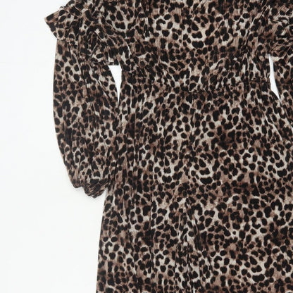 ASOS DESIGN Women Brown Leopard Print Pleated Wide Leg Jumpsuit UK 12